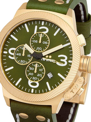 Front view of TW Steel Chronograph CS108 Green Leather Unisex Watch on white background