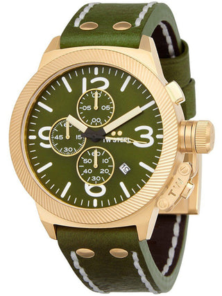 Angle shot of TW Steel Chronograph CS108 Green Leather Unisex Watch on white background