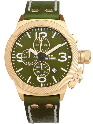 Angle shot of TW Steel Chronograph CS108 Green Leather Unisex Watch on white background