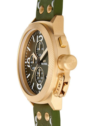 Angle shot of TW Steel Chronograph CS108 Green Leather Unisex Watch on white background