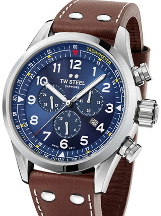 Front view of TW Steel Chronograph SVS201 Blue Dial Brown Leather Unisex Watch on white background