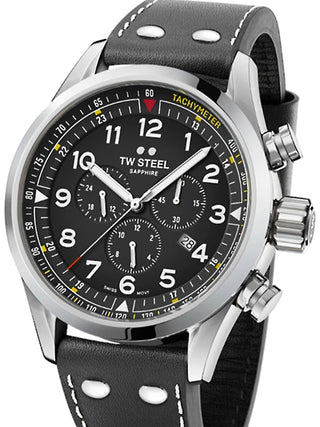 Front view of TW Steel Chronograph SVS202 Black Leather Unisex Watch on white background