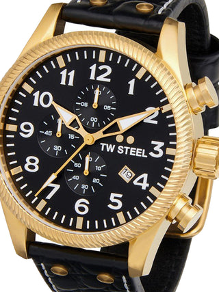Front view of TW Steel Chronograph VS115 Black Leather Unisex Watch on white background