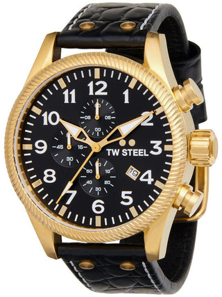 Angle shot of TW Steel Chronograph VS115 Black Leather Unisex Watch on white background