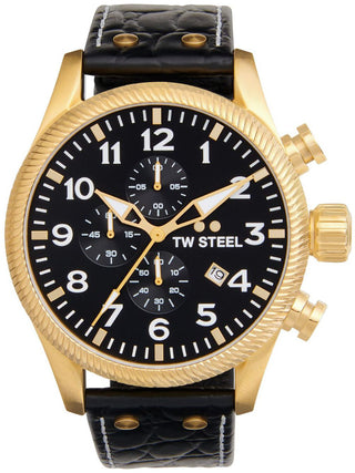 Angle shot of TW Steel Chronograph VS115 Black Leather Unisex Watch on white background