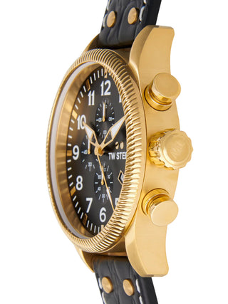 Angle shot of TW Steel Chronograph VS115 Black Leather Unisex Watch on white background