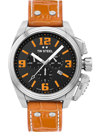 Angle shot of TW Steel Chronograph TW1012 Black Dial Leather Unisex Watch on white background