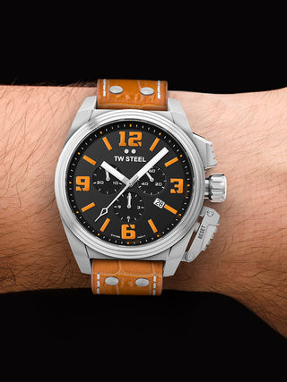 Angle shot of TW Steel Chronograph TW1012 Black Dial Leather Unisex Watch on white background