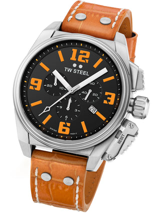 Angle shot of TW Steel Chronograph TW1012 Black Dial Leather Unisex Watch on white background