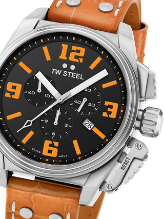 Front view of TW Steel Chronograph TW1012 Black Dial Leather Unisex Watch on white background