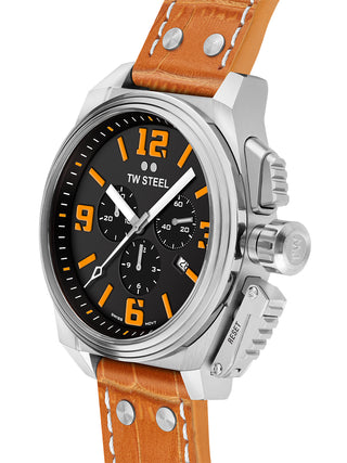 Angle shot of TW Steel Chronograph TW1012 Black Dial Leather Unisex Watch on white background