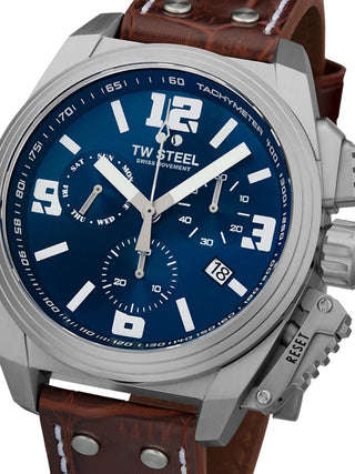 Front view of TW Steel Chronograph TW1113 Blue Dial Brown Leather Unisex Watch on white background