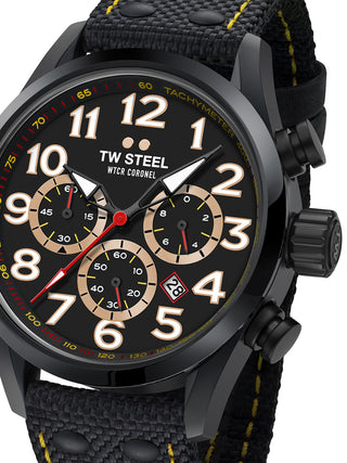 Front view of TW Steel Chronograph TW978 Black Leather Unisex Watch on white background