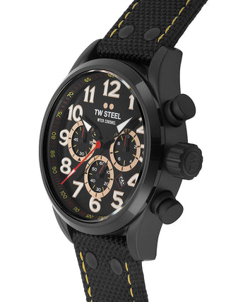 Angle shot of TW Steel Chronograph TW978 Black Leather Unisex Watch on white background