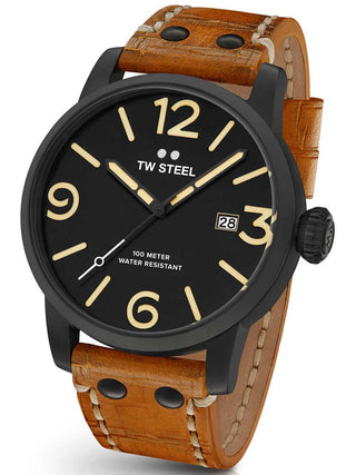 Angle shot of TW Steel MS32 Black Dial Brown Leather Unisex Watch on white background