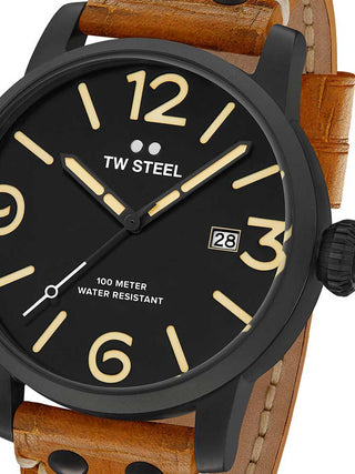 Front view of TW Steel MS31 Black Dial Brown Leather Unisex Watch on white background