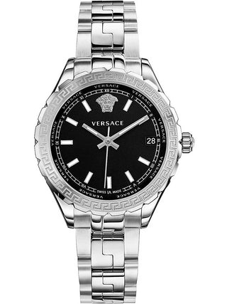 Angle shot of Versace V12020015 Black Dial Silver Stainless Steel Womens Watch on white background