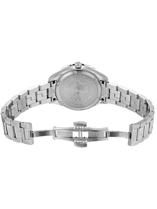 Angle shot of Versace V12020015 Black Dial Silver Stainless Steel Womens Watch on white background