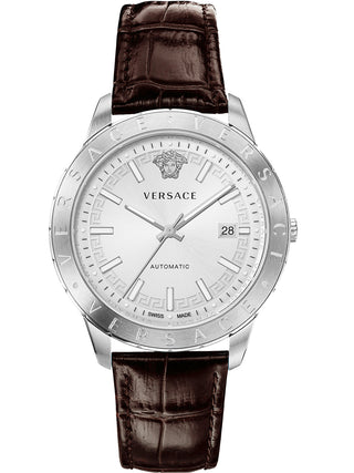 Front view of Versace VE2D00121 Silver Dial Brown Leather Unisex Watch on white background