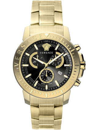 Front view of Versace Chronograph VE2E00921 Black Dial Gold Stainless Steel Unisex Watch on white background