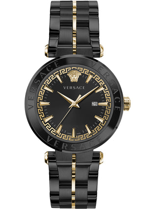 Front view of Versace VE2F00621 Black Dial Gold Stainless Steel Unisex Watch on white background