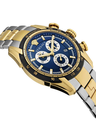 Angle shot of Versace Chronograph VE2I01021 Blue Dial Gold Stainless Steel Unisex Watch on white background