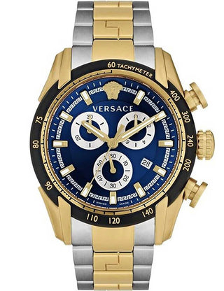 Front view of Versace Chronograph VE2I01021 Blue Dial Gold Stainless Steel Unisex Watch on white background