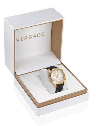 Angle shot of Versace Chronograph VE2U00222 White Dial Black Leather Unisex Watch on white background