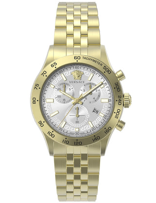 Front view of Versace Chronograph VE2U01124 Silver Dial Gold Stainless Steel Unisex Watch on white background
