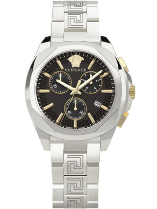 Front view of Versace Chronograph VE3CA0423 Black Dial Silver Stainless Steel Unisex Watch on white background