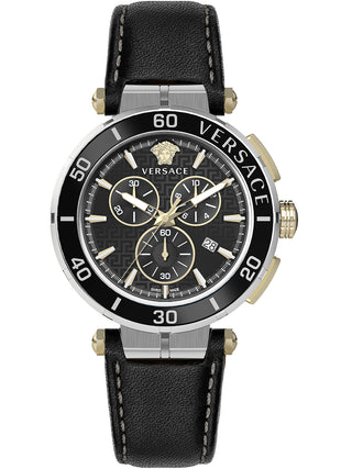 Front view of Versace Chronograph VE3L00222 Black Leather Mens Watch on white background