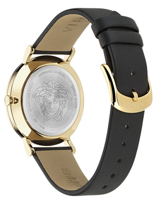 Angle shot of Versace VE3M01023 Gold Dial Black Leather Womens Watch on white background