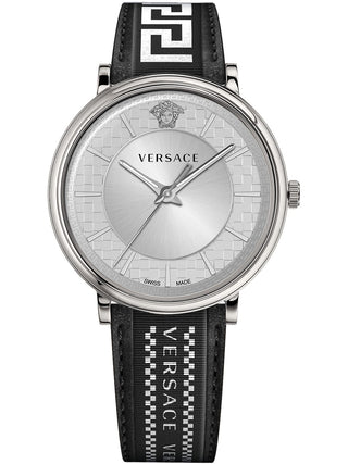 Front view of Versace VE5A01021 Grey Dial Black Leather Mens Watch on white background