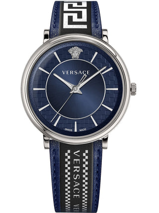 Front view of Versace VE5A01121 Blue Leather Mens Watch on white background