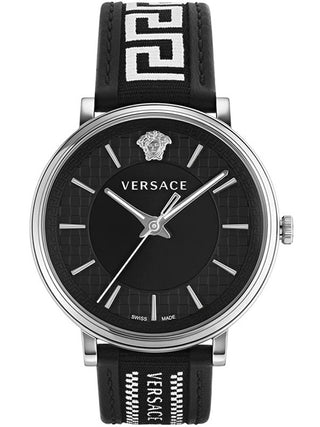 Front view of Versace VE5A01321 Black Dial White Leather Mens Watch on white background