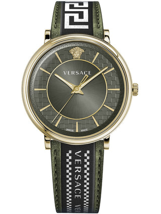 Front view of Versace VE5A01621 Green Dial Black Leather Mens Watch on white background