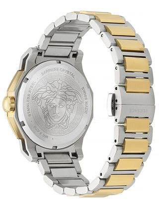 Angle shot of Versace VE7B00323 Green Dial Gold Stainless Steel Womens Watch on white background