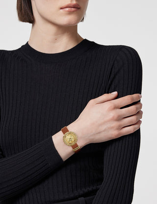 Angle shot of Versace VE8C00124 Gold Dial Brown Leather Womens Watch on white background