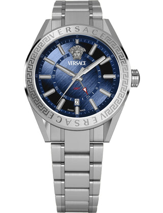 Front view of Versace VEAFA0424 Blue Dial Silver Stainless Steel Unisex Watch on white background