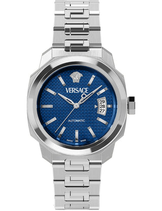 Front view of Versace VEAG00424 Blue Dial Silver Stainless Steel Unisex Watch on white background