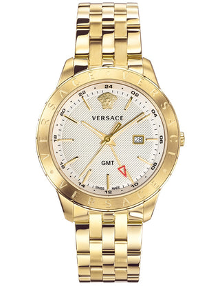 Front view of Versace VEBK00518 White Dial Gold Stainless Steel Unisex Watch on white background
