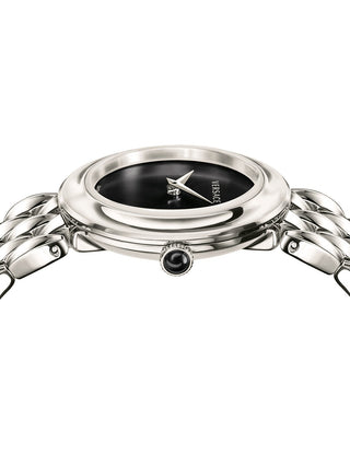 Angle shot of Versace VEBN00618 Blue Dial Silver Stainless Steel Womens Watch on white background