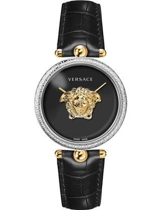Front view of Versace VECO02422 Black Leather Womens Watch on white background