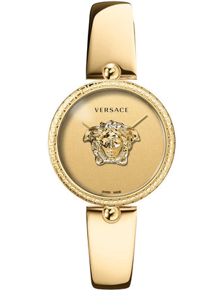 Front view of Versace VECO03222 Gold Stainless Steel Womens Watch on white background