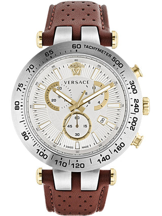 Front view of Versace Chronograph VEJB00122 Grey Dial Brown Leather Mens Watch on white background