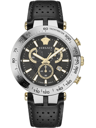 Front view of Versace Chronograph VEJB00222 Black Leather Mens Watch on white background