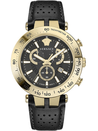 Front view of Versace Chronograph VEJB00422 Black Leather Mens Watch on white background