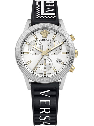 Front view of Versace Chronograph VEKB00122 Silver Dial Black Silicone Womens Watch on white background