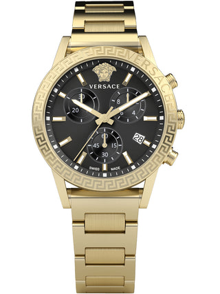 Front view of Versace Chronograph VEKB00822 Black Dial Gold Stainless Steel Unisex Watch on white background