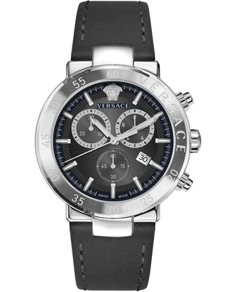 Front view of Versace Chronograph VEPY00120 Black Leather Unisex Watch on white background